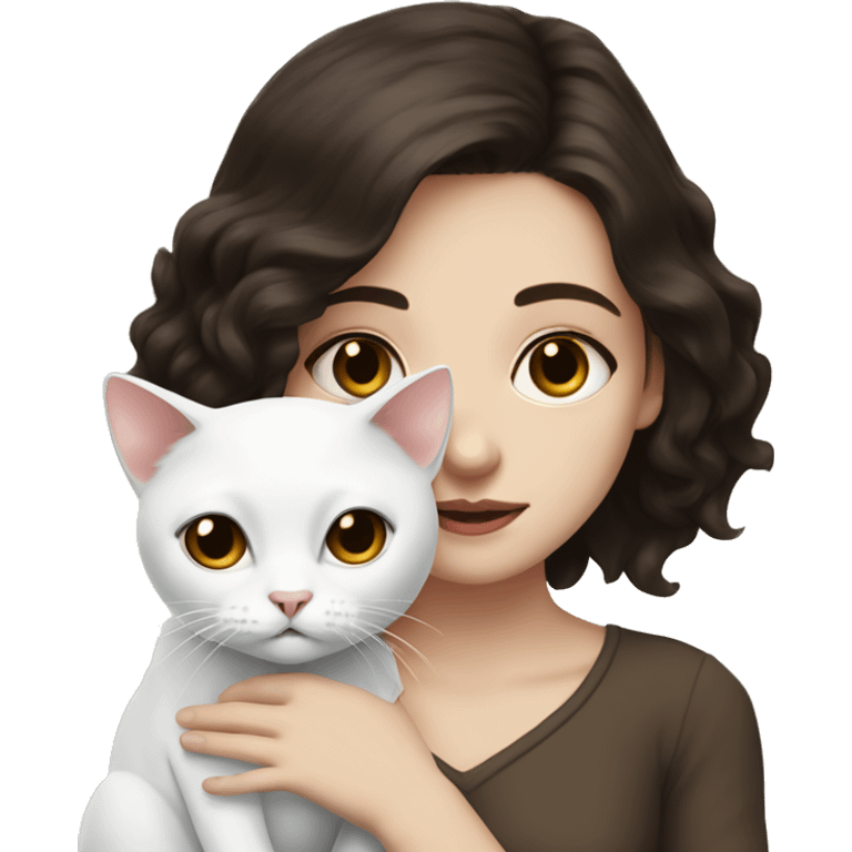 A pale girl with dark brown hair and dark brown eyes holds a white cat and look at the cat emoji