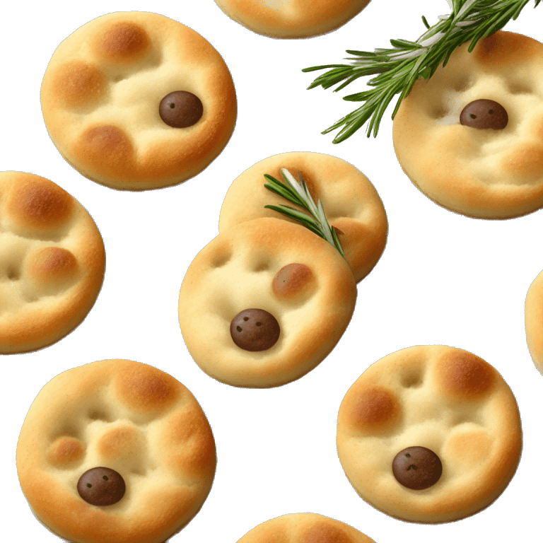 Mini round focaccias with rosemary , olive and salt  emoji