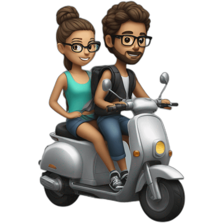 hyper realistic boy with long hair tied in a bun, beard, and glasses, riding a black scooter with a girl on the back emoji