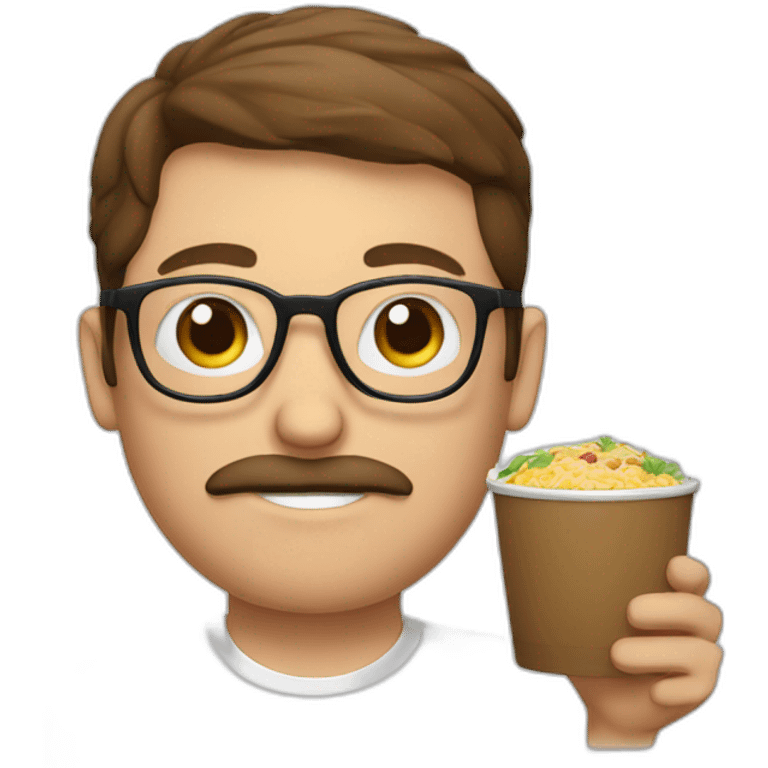 brown hair white guy with mustache wearing rounded glasses with meal in hands emoji