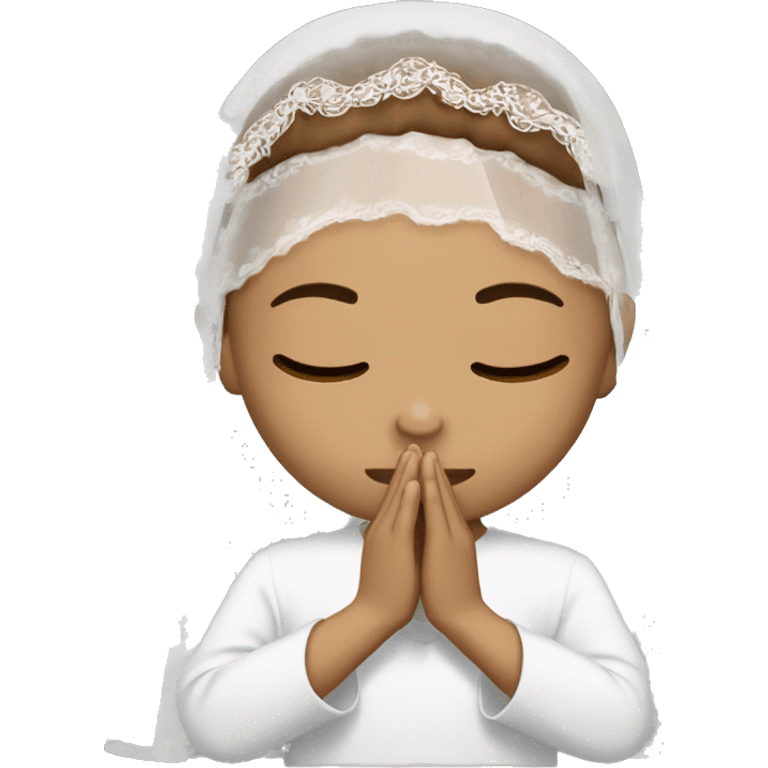 Light skin girl praying with eyes closed and lace white veil with brown boy emoji