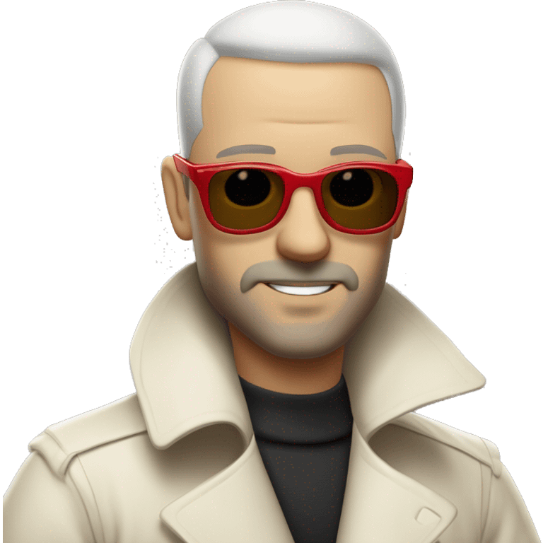 <excerpt>
A 1930s white man with real buzz cut Black hair, beard stubble donning small red tinted sun glasses in a dirty white trench coat, is serious.
</excerpt> emoji