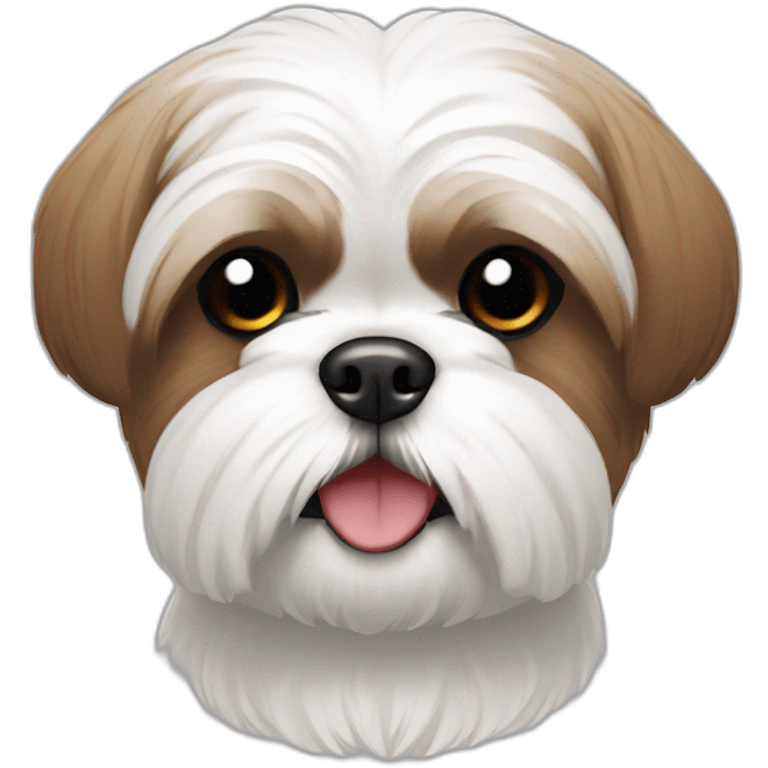 white shihtzu, brown ears, black eyes, black nose, teeth showing emoji