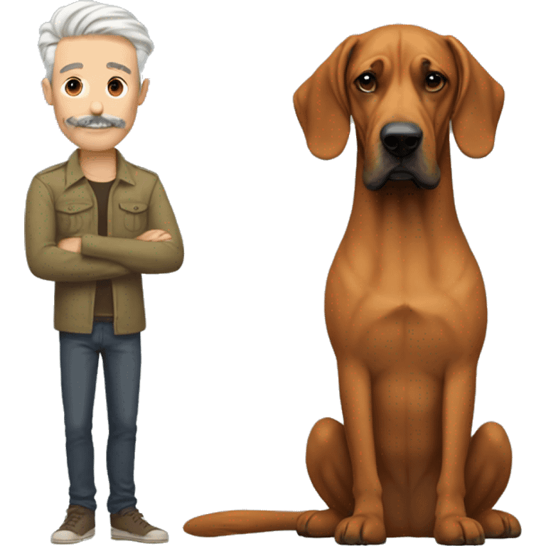 white man with long rainbow colored hair and twisted mustache next to a brown rhodesian ridgeback emoji