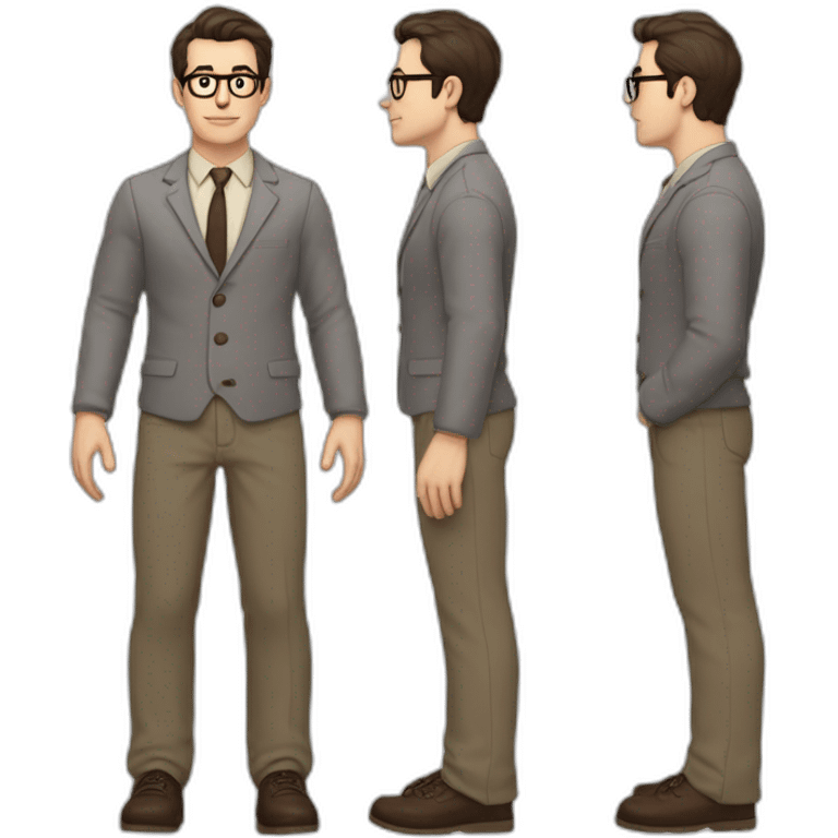 Full height Pale skinned Fit Man With dark brown hair in gray jacket, beige office shirt, tie, Brown pants and vintage glasses. Thrumbs of his palms directed up emoji