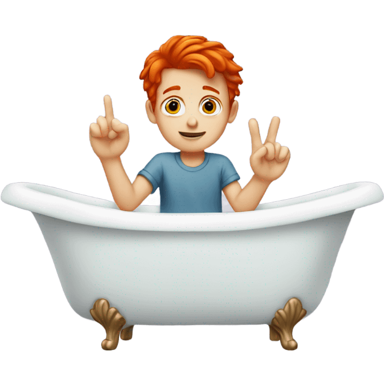 Red headed boy holding finger up sitting in a bathtub emoji