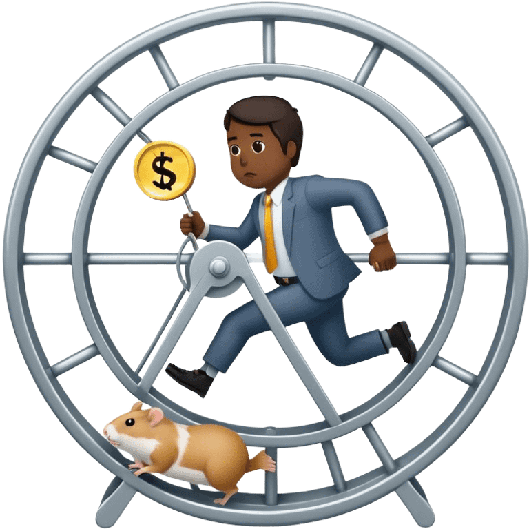 Create an emoji of a tired, overworked entrepreneur running on a hamster wheel, chasing a floating dollar sign or a bag of money. The character has dark circles under their eyes, looks exhausted, and appears stuck in an endless cycle. The hamster wheel represents constant struggle, while the money is always just out of reach. The style should be clean and easily recognizable as an emoji

 emoji