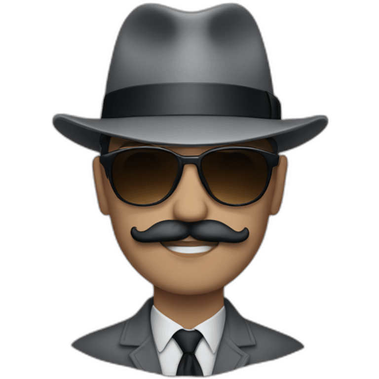 a man in gray clothes wearing a black hat, sunglasses and a moustache emoji