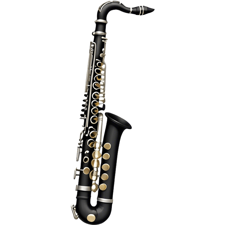 Create an elegant and detailed emoji representing a clarinet. The design should feature the sleek, black wood finish of the clarinet with its shiny metal keys clearly visible. Highlight the intricate details, such as the bell at the end and the carefully crafted mouthpiece with the reed. Use black wood tones for the body of the instrument and silver or brass accents for the keys. Add subtle musical notes or soundwaves floating around the instrument to evoke the smooth, melodic sound of the clarinet. The background should be transparent. emoji