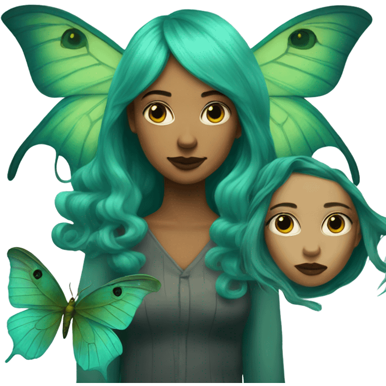 A teal hair woman half human and half luna moth emoji