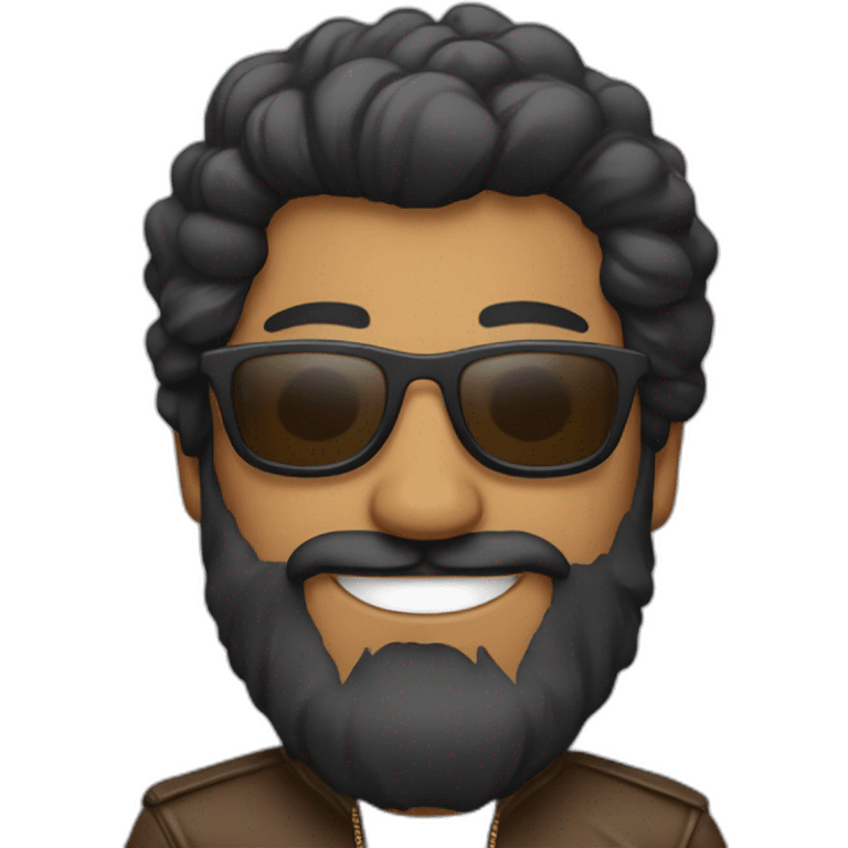 a brown man with a long beard, wearing shades, jacket and a smile on his face. emoji