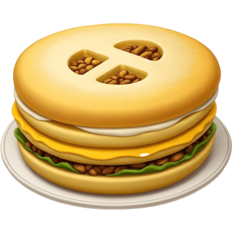 Cinematic Realistic Arepas Dish Emoji, depicted as golden cornmeal cakes filled with savory ingredients rendered with lifelike textures and warm, inviting lighting. emoji