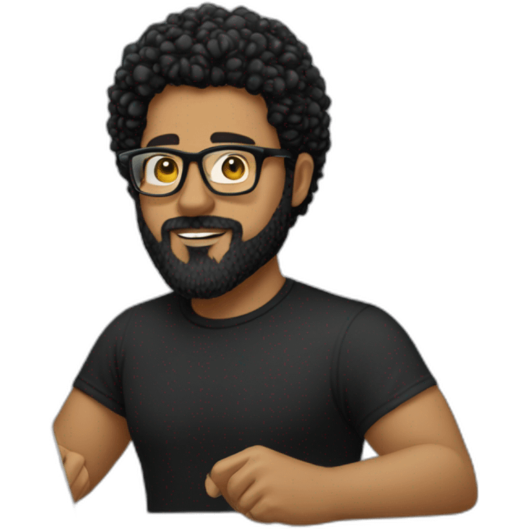 men with black curly hair and beard and golden glasses in black t-shirt work hard on computer emoji