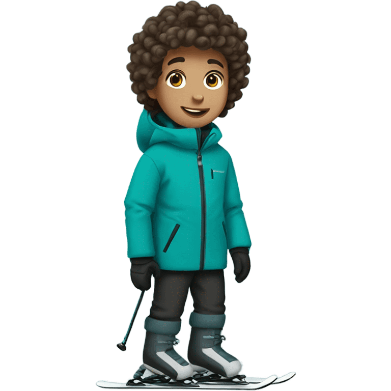 Boy with curly brown hair. Skiing on teal skis. Wearing black snow pants and a gray snow coat emoji