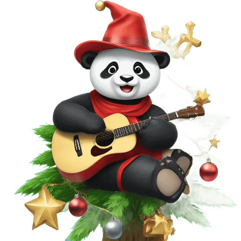 Panda wearing cowboy boots with a Christmas hat on, while sitting in a Christmas tree, holding a cracker, under the sea emoji