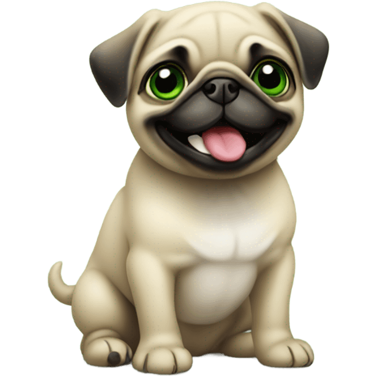 Baby pug with big green eyes smiling with tongue out emoji