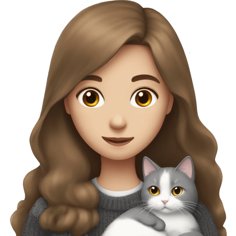 Girl with long brown hair in sweater hugging a british grey and white cat emoji