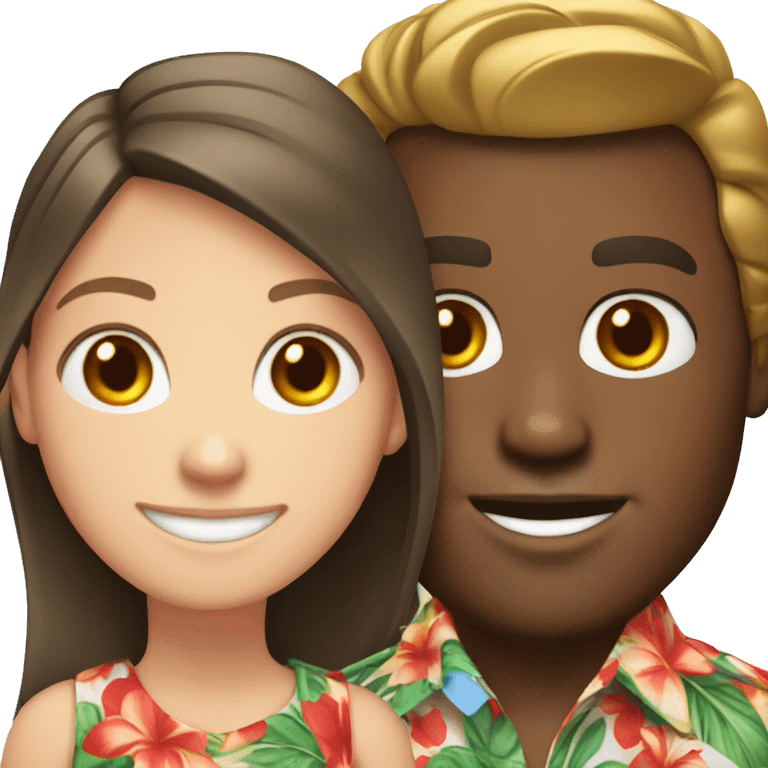 White Girl in front, black man behind, in hawaiian shirts smiling emoji