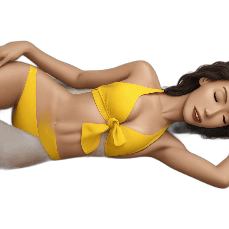 Sexy pose soft-fit Caucasian woman yellow bikini (beach body) bed emoji