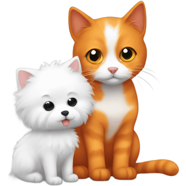 Orange cat and small white fluffy dog cuddling emoji