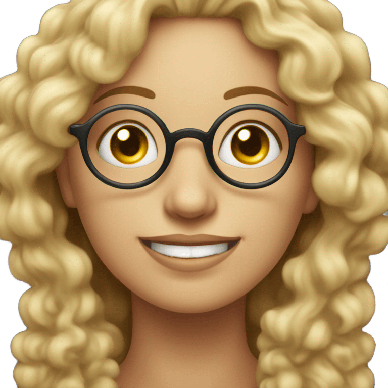 A round moon on which sits a blonde woman with curly hair and glasses, smiling. emoji