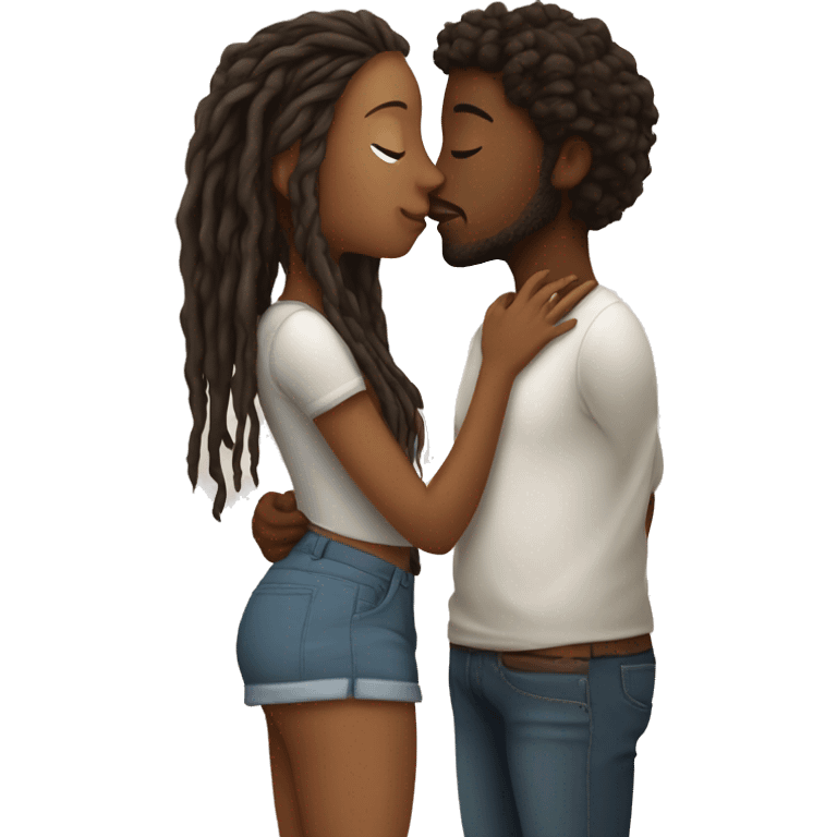 Brown skin girl in shirt with bum kissing brown sling guy with dreads emoji