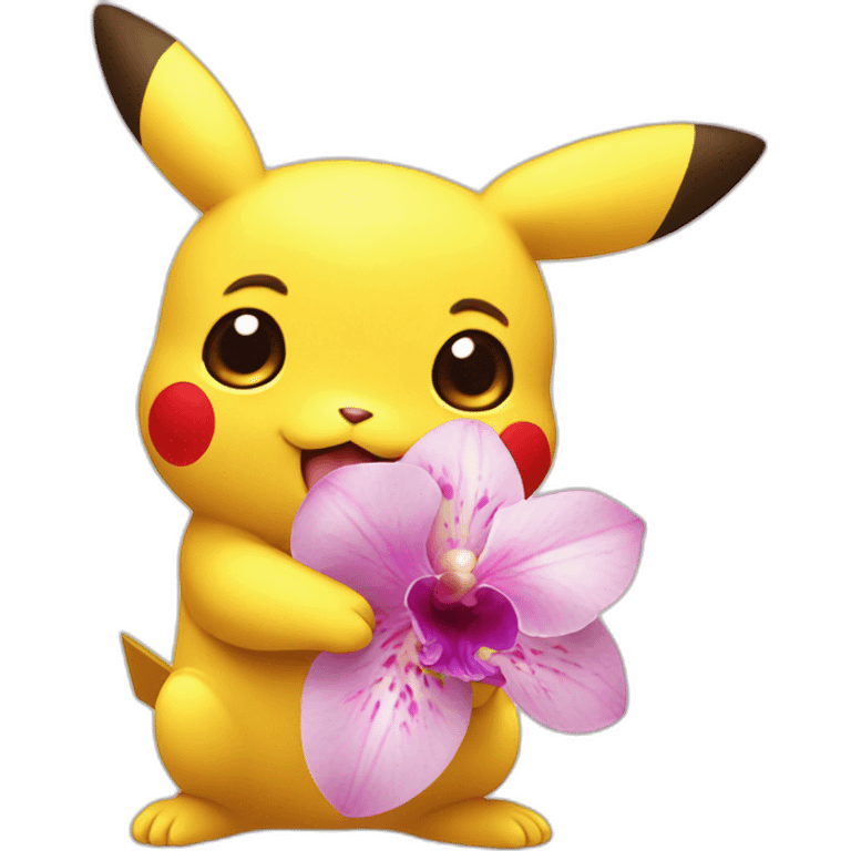 Cute Pikachu holding an orchid emoji