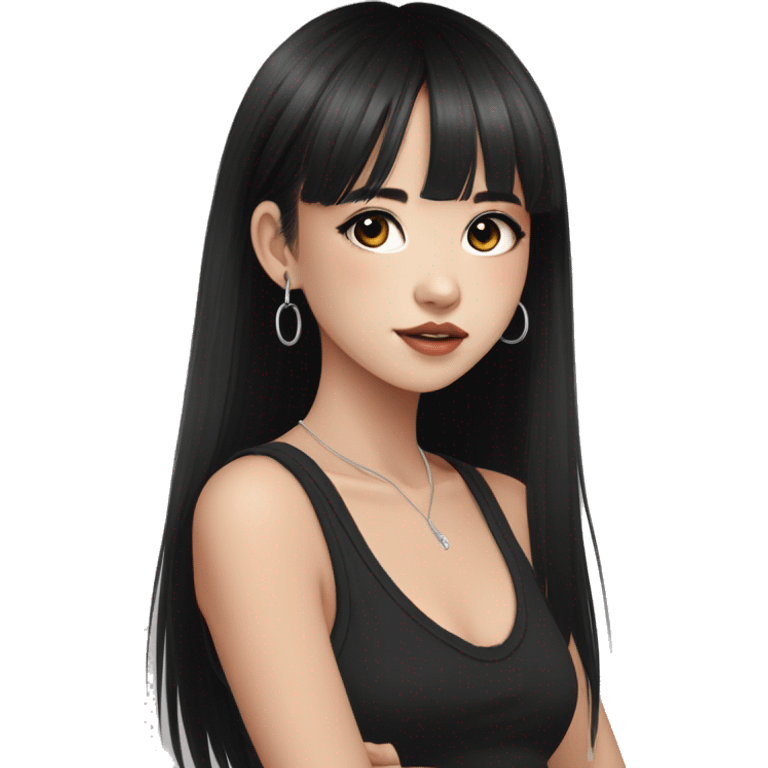 Korean girl, black tank top, black hair, black eyes, layered hair, cool girl, aesthetic, long hair, hime cut, blunt bangs, small silver hoop earrings emoji