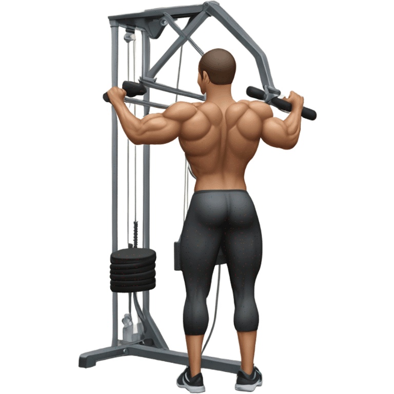 Back-view of a person doing a lat pulldown on a pin-loaded cable machine, gripping a straight bar with bent arms. Muscular upper body engaged. Apple emoji style with simple shapes, clean lines, and soft colors. emoji