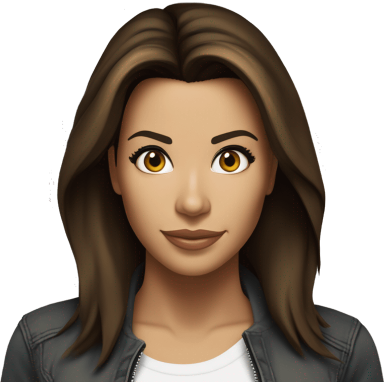 3/4 face, contrasted, shadow, light, Eva Longoria expression, standing from a distance, thin nose, brunette woman, hazel eyes, long eyelashes, dark shoulder shaded hair, white t-shirt, jeans, white sneakers emoji