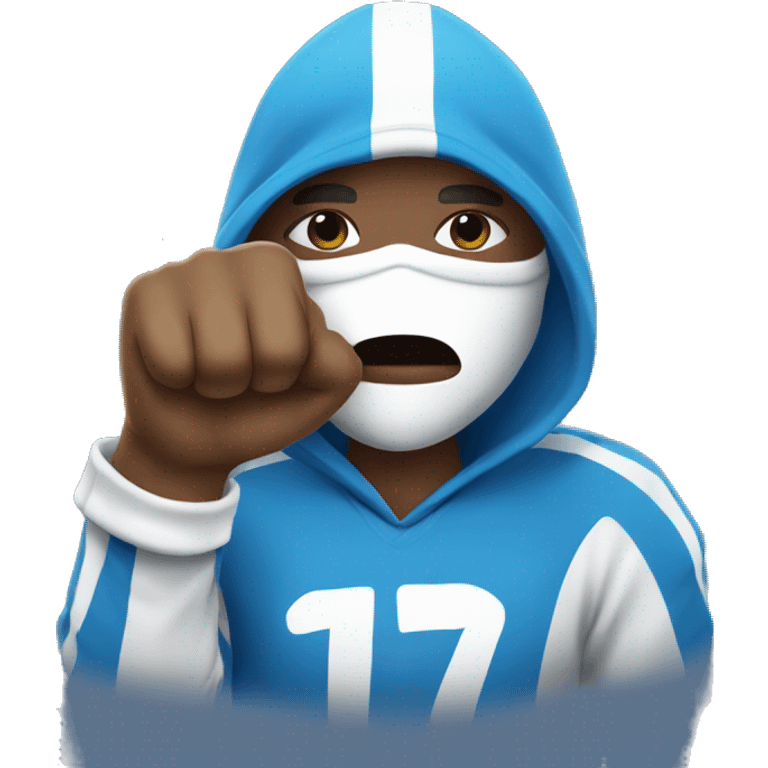 A Football fan with a blue and white hoodie and mask Holding his fist up  emoji