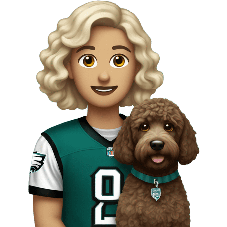 Light baron with dark brown Labradoodle wearing a Philadelphia eagles jersey emoji