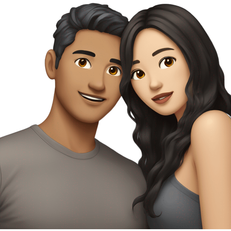 A half pale Asian man with short dark hair and amber eyes embracing and loving a half Asian woman with long wavy dark hair and dark hazel eyes. They love each other a lot And have good fashion taste. emoji