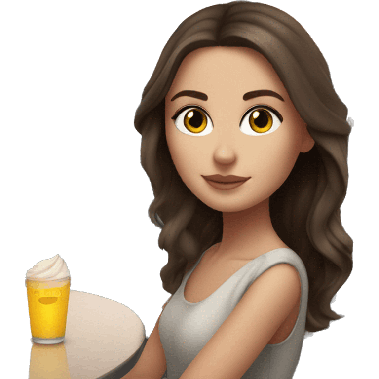 White girl with dark brown hair and a bright skintone, sitting in a skybar in dubai emoji