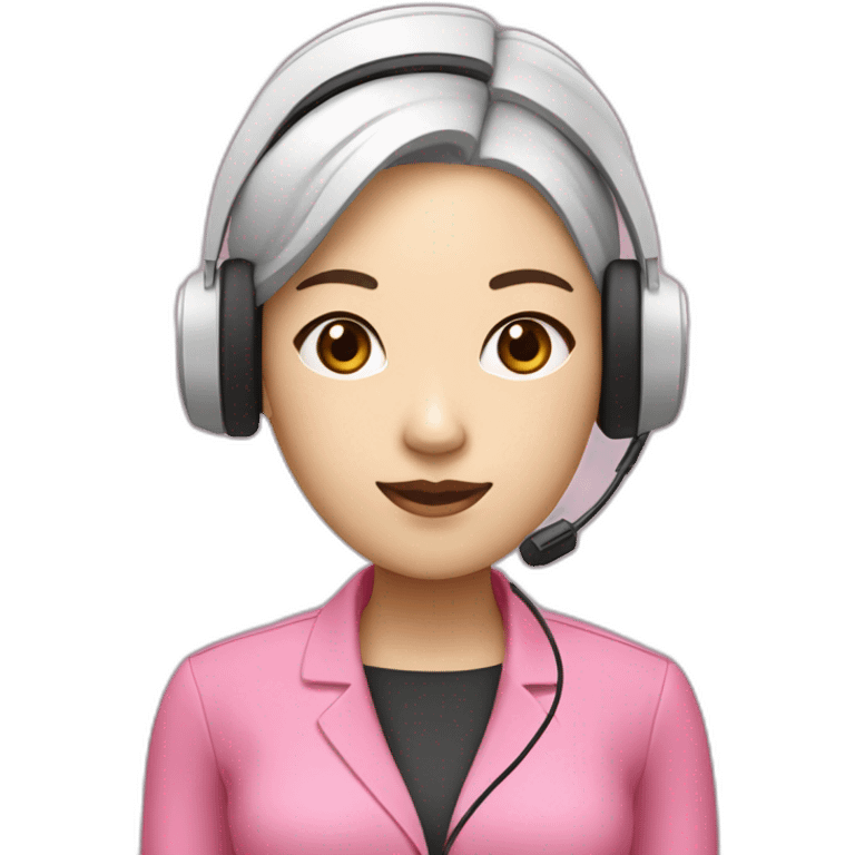 asian woman Employee with white skin and black eye and headphone with microphone who is wearing pink office clothes emoji