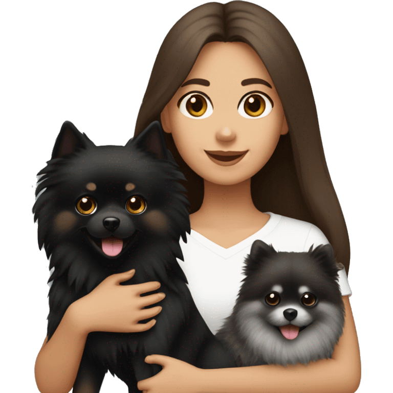 brown hair girl holding a black pomeranian and grey pomeranian  emoji