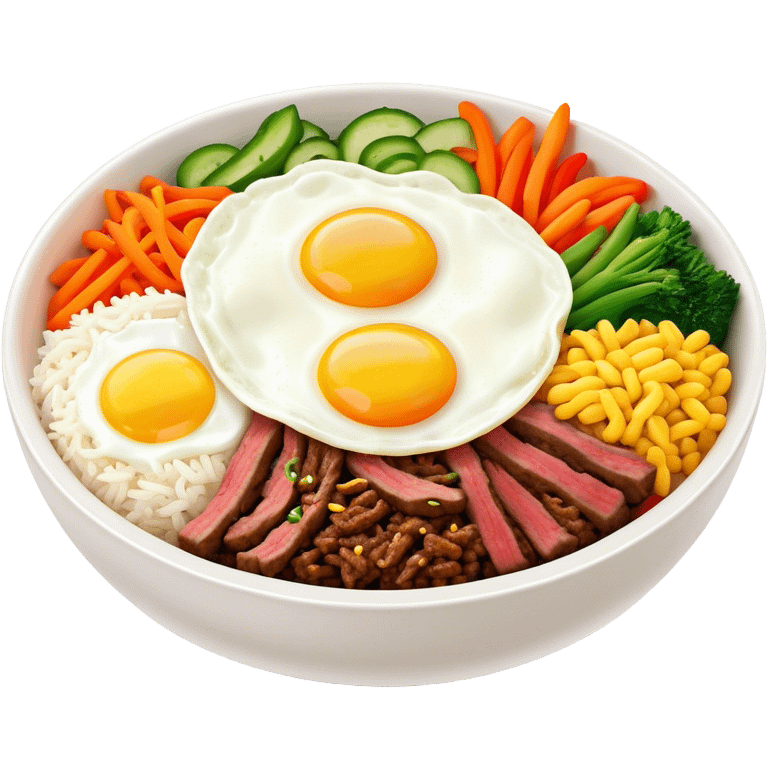 Cinematic Realistic Bibimbap Dish Emoji, showcasing a colorful bowl of mixed rice, assorted vegetables, beef, and a fried egg rendered with lifelike detail and vibrant, harmonious lighting. emoji