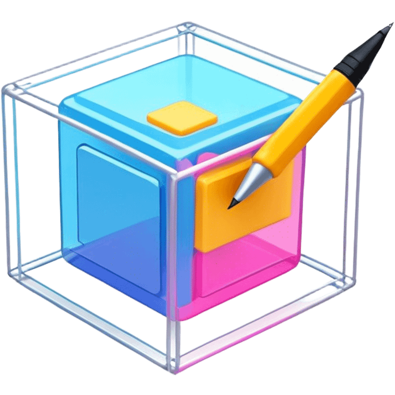 Create an emoji for 3D visualization and modeling. Show a 3D wireframe model or shape (e.g., a cube or sphere) with a design tool like a stylus and 3D rendering software interface. Use modern, professional colors. Do not include any emojis or smiley faces. Make the background transparent. emoji