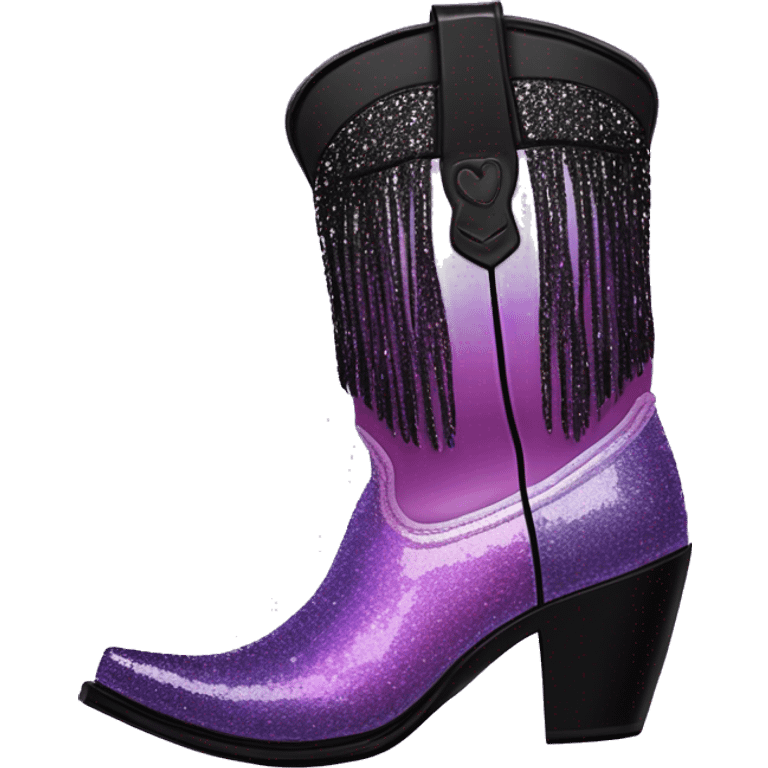 Realistic pastel purple to black ombre pair of fashion cowgirl boots with sparkly shiny glitter fringe on them. emoji