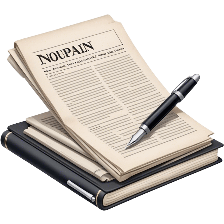 Create an emoji representing journalism and publicistic writing. The design should feature a stack of newspapers, an open notebook with visible text, and a single fountain pen placed near the notebook, symbolizing the act of writing. Use neutral, professional colors like black, white, and muted tones to convey a sense of seriousness and intellect. Do not include any emojis or smiley faces. Make the background transparent. emoji