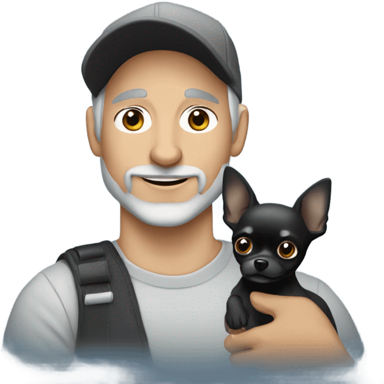 blue eyed man, with grey hair and grey goatee, wearing ball cap, holding long hair black chihuahua emoji