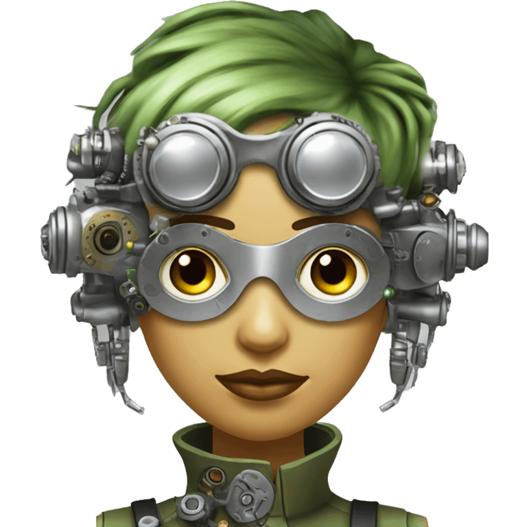 Olive green hair female cyborg head with silver steampunk goggles, goatee and circuits emoji