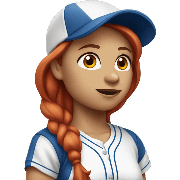 front facing, standing female coach with long red hair, wearing a white t-shirt and a simple blue baseball hat emoji