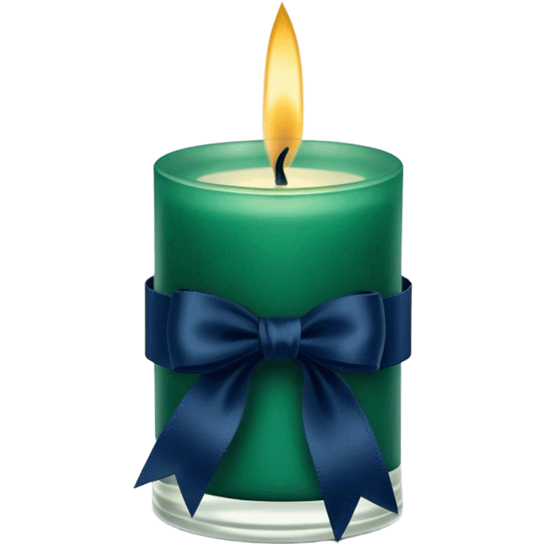 A charmingly arranged composition of a glass candle in a rich emerald shade, placed next to a carefully folded navy blue ribbon. emoji