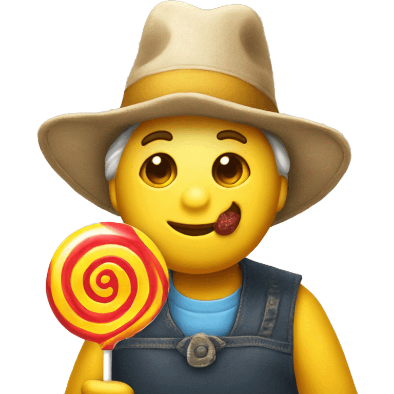 Can you make a slight yellow smily face emoji wearing a propeller hat licking a giant circle lollipop emoji