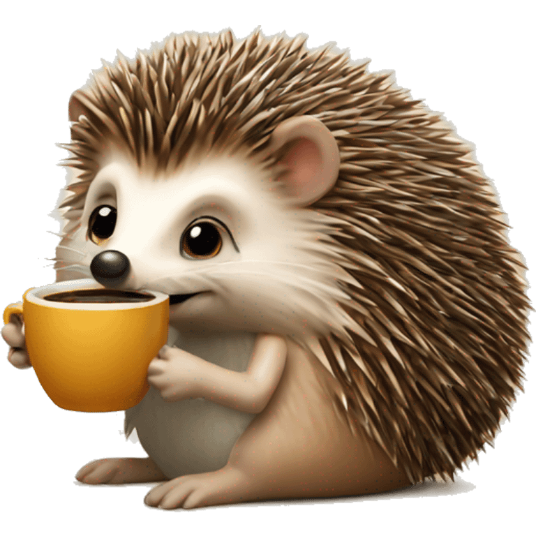 A hedgehog with a cup of coffee emoji