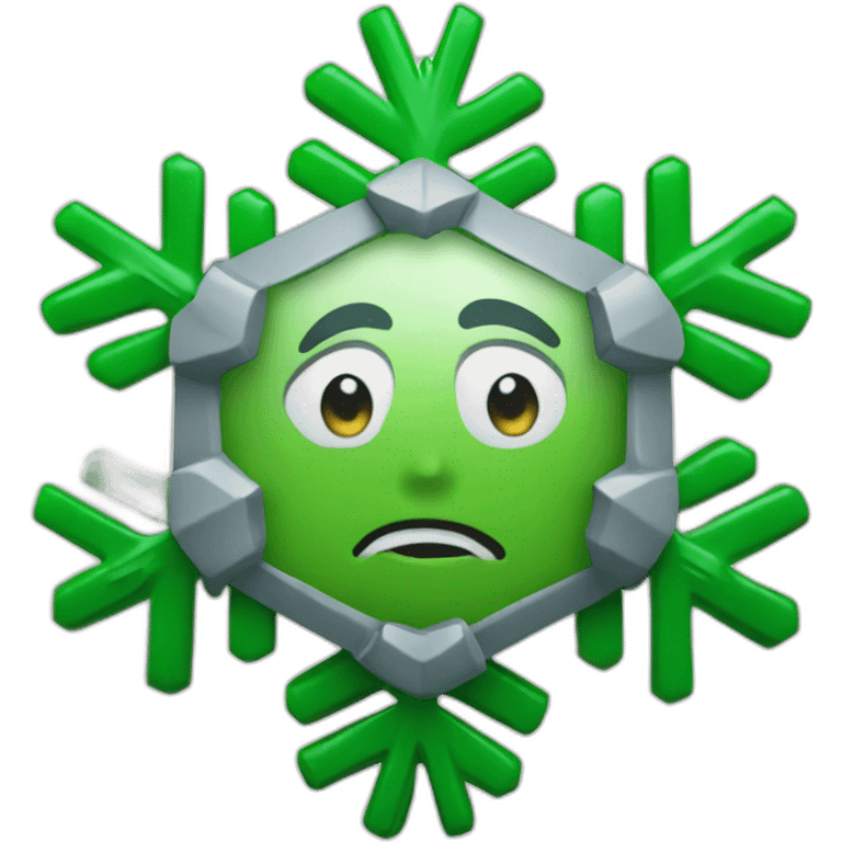 Green snowflake with a grey face on top emoji