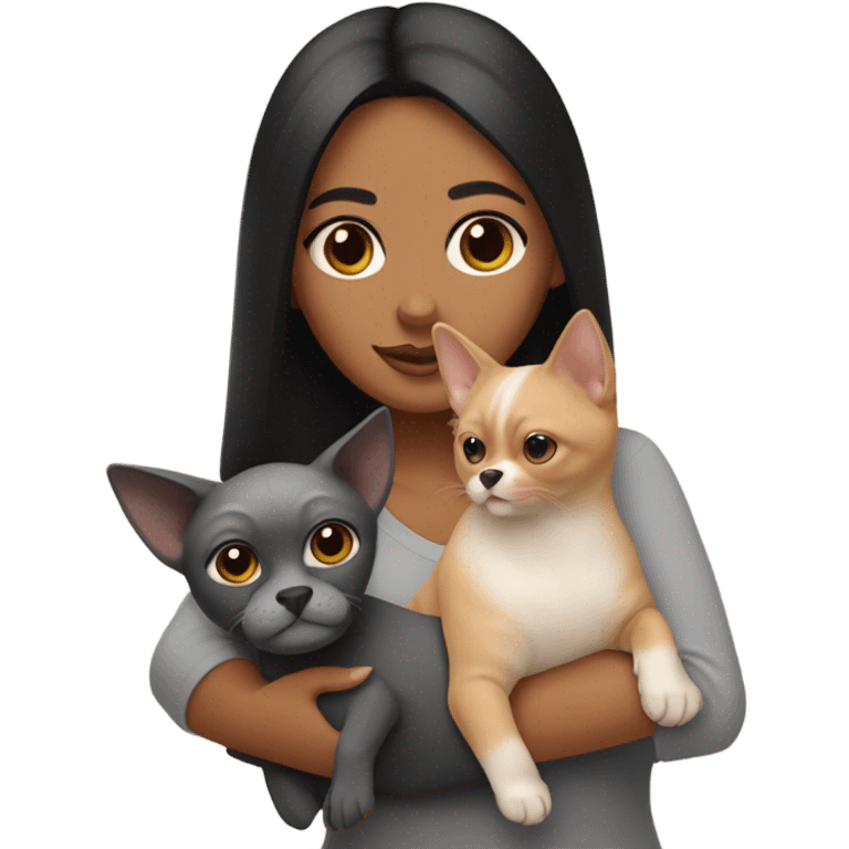 Latino woman with black staight hair and brown eyes is holding a grey sphynx cat and a ginger pomeranian dog emoji