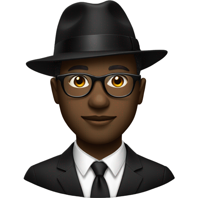 Black Man in all black dress with black fedora and gold oval glasses emoji