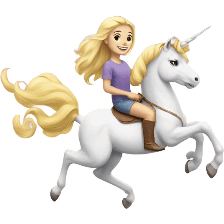 smiling blonde girl portrait riding rainbow unicorn  emoji